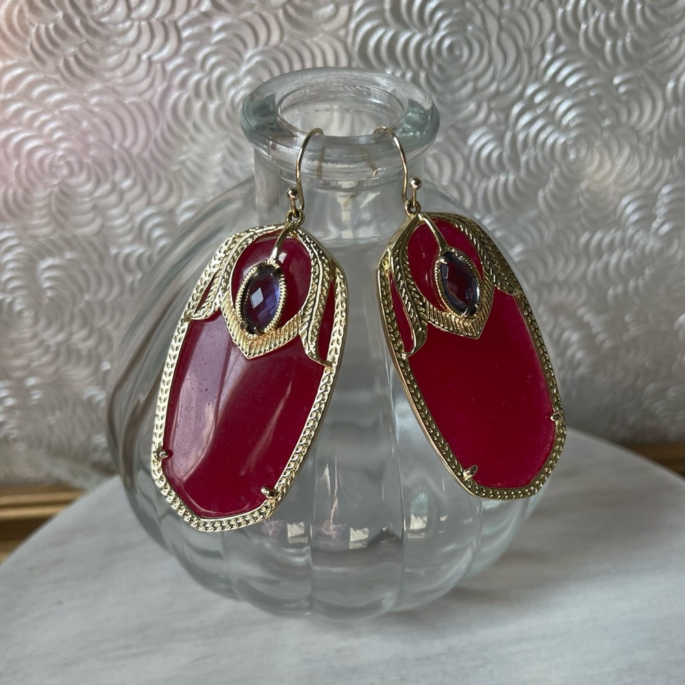 Kendra Scott Darby Gold Drop Earrings in Royal Purple Magnesite and Maroon Jade - Picture 1 of 4